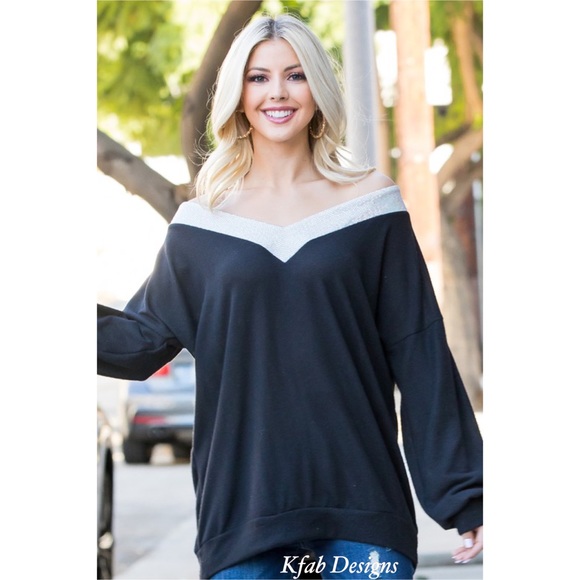 LAST ONE! V Neck Softest Black Top with Silver Sparkly Sequin Detail! - Picture 5 of 6